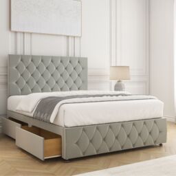 "BSSPOKE Mulberry Divan Bed Plush 24"" Headboard 2 Drawers Same Side & Mattress in Silver - Size: Single" - thumbnail 1