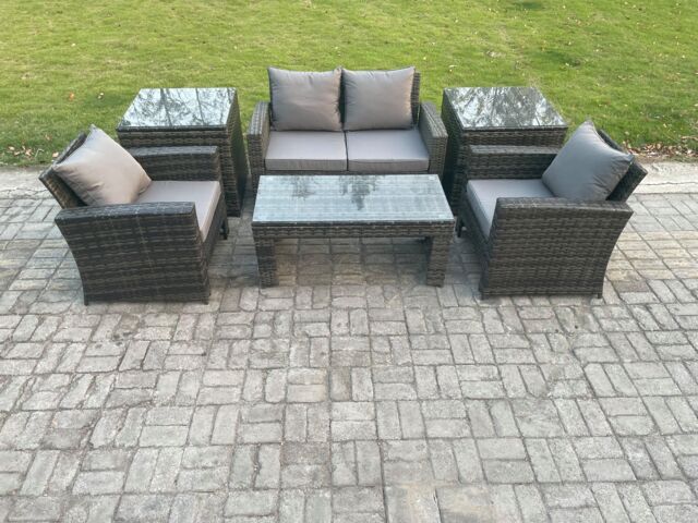 Fimous 4 Seater Outdoor Rattan Garden Furniture Set Patio Lounge Sofa Set with Coffee Table 2 Side Tables in Dark Grey