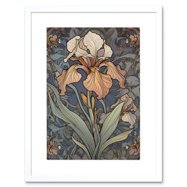 "Artery8 Wall Art Print Art Nouveau Style Iris Bloom Flower Watercolour Artwork Framed 9X7 Inch in White - Size: W7"" x H9""" - image 1