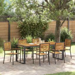 Berkfield Home Modern 7 Piece Garden Dining Set Black Poly Rattan Acacia - thumbnail 2