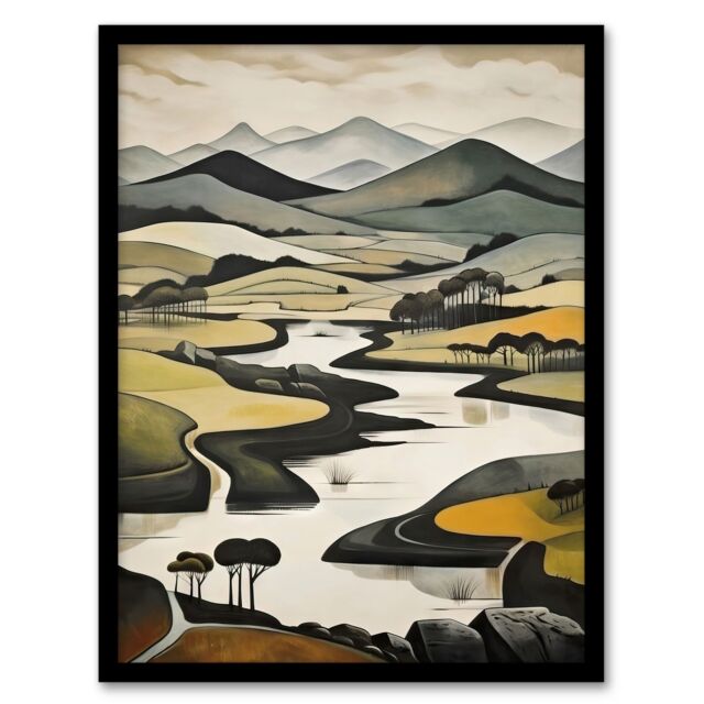 "Artery8 Wall Art Print Scottish Highlands Stylised Oil Painting Boho Mountain Hills & Lakes Art Framed in Black - Size: W12"" x H16""" - image 1