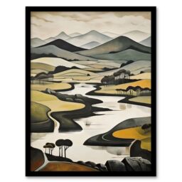 "Artery8 Wall Art Print Scottish Highlands Stylised Oil Painting Boho Mountain Hills & Lakes Art Framed in Black - Size: W12"" x H16""" - thumbnail 1