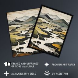 "Artery8 Wall Art Print Scottish Highlands Stylised Oil Painting Boho Mountain Hills & Lakes Art Framed in Black - Size: W12"" x H16""" - thumbnail 2