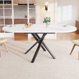 BTM Extendable Dining Table Round to Oval Metal Frame Kitchen Table in White - thumbnail 6