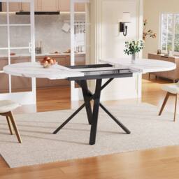 BTM Extendable Dining Table Round to Oval Metal Frame Kitchen Table in White - thumbnail 5