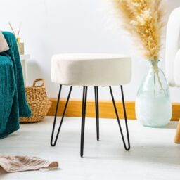 Harbour Housewares Round Velvet Footstool - H40 x D35cm - Black Hairpin Legs in Cream - thumbnail 2