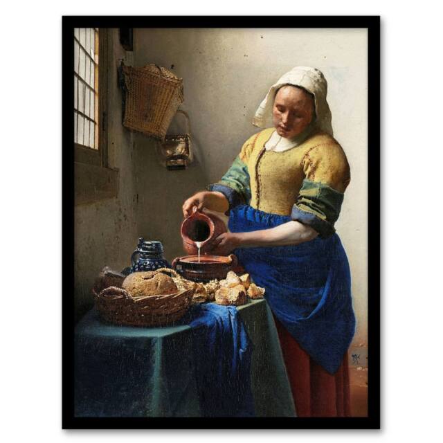 "Artery8 The Milkmaid Portrait Vermeer Vintage Framed Wall Art Print in Beige - Size: W12"" x H16""" - image 1