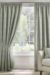Dreams & Drapes 'Aveline' 100% Cotton Pair of Pencil Pleat Curtains With Tie-Backs in Green - Size: 168 cm width x 229 cm drop