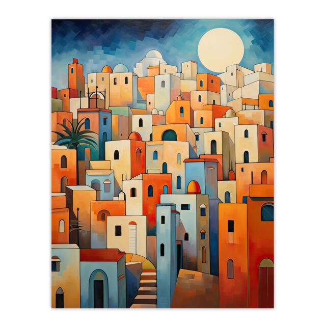 "Artery8 Wall Art Print Abstract Morocco Cityscape in Orange & Blue Poster Picture - Size: W18"" x H24""" - image 1