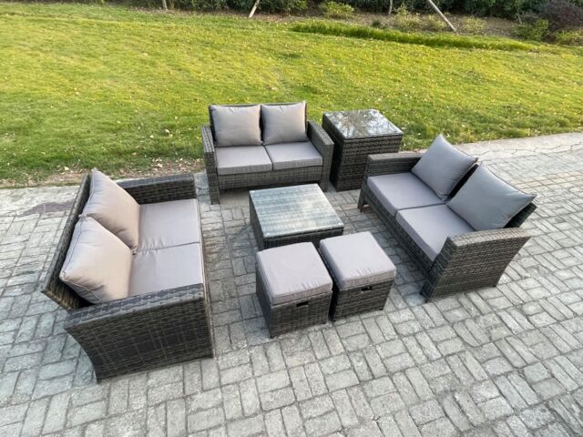 Fimous 7 PCS Outdoor Lounge Sofa Set Wicker PE Rattan Garden Furniture Set with Square Coffee Table Double Seat Sofa Side Table in Dark Grey - image 1