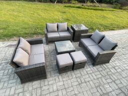 Fimous 7 PCS Outdoor Lounge Sofa Set Wicker PE Rattan Garden Furniture Set with Square Coffee Table Double Seat Sofa Side Table in Dark Grey - thumbnail 1