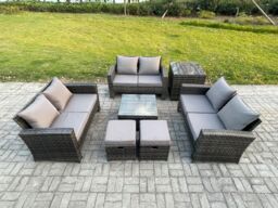 Fimous 7 PCS Outdoor Lounge Sofa Set Wicker PE Rattan Garden Furniture Set with Square Coffee Table Double Seat Sofa Side Table in Dark Grey - thumbnail 2