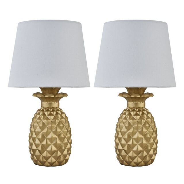 First Choice Lighting Set of 2 Pineapple - Gold Resin Table Lamps with White Fabric Shades - image 1