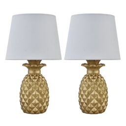 First Choice Lighting Set of 2 Pineapple - Gold Resin Table Lamps with White Fabric Shades