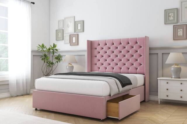 "Comfort Beds Selena Plush Divan Base 2 Drawers - 54"" Wingback in Pink - Size: Double" - image 1
