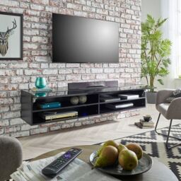 Moderna Black Gloss Wall Mounted TV Cabinet, 140cm Wide with LED - thumbnail 2
