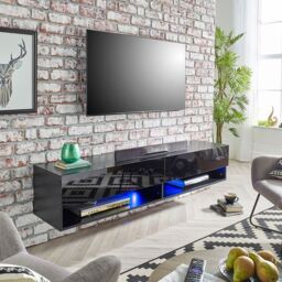 Moderna Black Gloss Wall Mounted TV Cabinet, 140cm Wide with LED - thumbnail 4