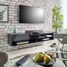 Moderna Black Gloss Wall Mounted TV Cabinet, 140cm Wide with LED - thumbnail 3