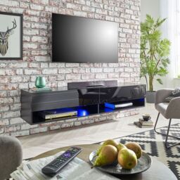 Moderna Black Gloss Wall Mounted TV Cabinet, 140cm Wide with LED - thumbnail 1