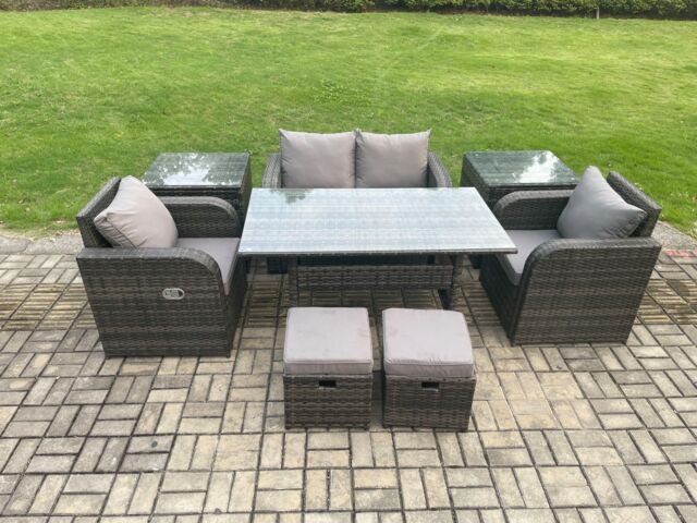 Fimous Rattan Outdoor Garden Furniture Set Rectangular Dining Table & Chair Sofa Set With 2 Side Tables in Dark Grey - image 1