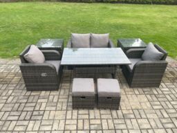 Fimous Rattan Outdoor Garden Furniture Set Rectangular Dining Table & Chair Sofa Set With 2 Side Tables in Dark Grey - thumbnail 1