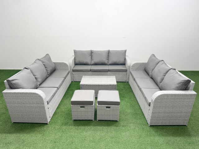 Fimous PE Rattan Lounge Sofa Set 11 Seater Outdoor Garden Furniture Set with Rectangular Coffee Table 3 Seater Sofa 2 Stools Light Grey - image 1