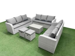Fimous PE Rattan Lounge Sofa Set 11 Seater Outdoor Garden Furniture Set with Rectangular Coffee Table 3 Seater Sofa 2 Stools Light Grey - thumbnail 2