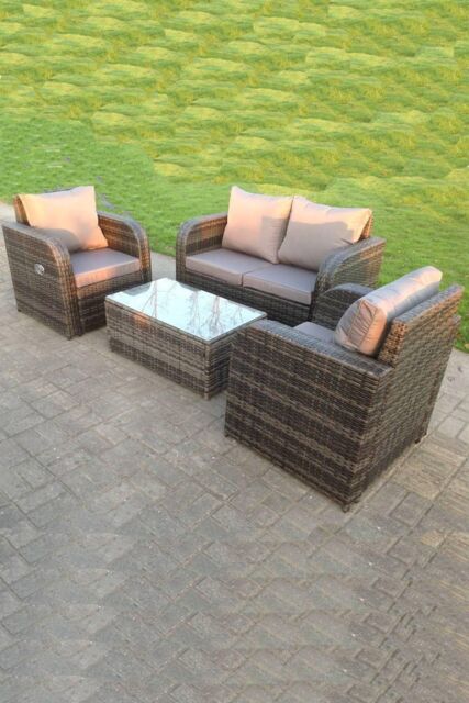 Fimous Wicker Garden Furniture Set Love Sofa Reclining Chair Outdoor Rectangular Coffee Table 4 Seater in Dark Grey - image 1