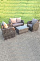Fimous Wicker Garden Furniture Set Love Sofa Reclining Chair Outdoor Rectangular Coffee Table 4 Seater in Dark Grey - thumbnail 2