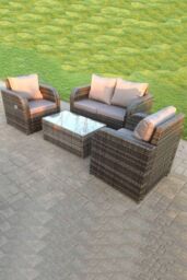 Fimous Wicker Garden Furniture Set Love Sofa Reclining Chair Outdoor Rectangular Coffee Table 4 Seater in Dark Grey - thumbnail 1