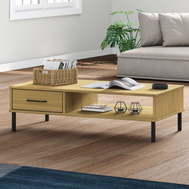 Berkfield Home Coffee Table with Metal Legs Brown Solid Wood Pine OSLO - image 1
