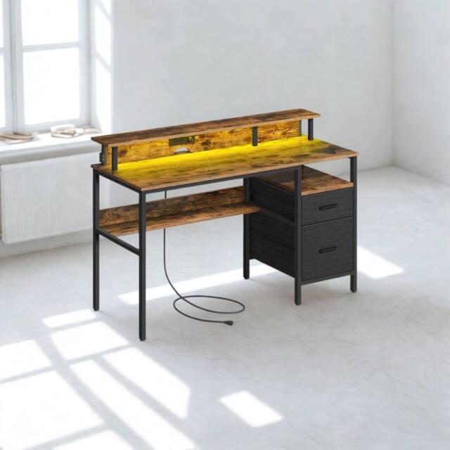 Pirlo Plush Industrial 135CM Computer Desk With USB Outlets & LED Lights in Brown - image 1