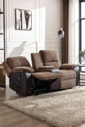 More4Homes Postana Dual Motor Rise Recliner 2 Seater Cord Drinks Console Sofa in Brown - thumbnail 6