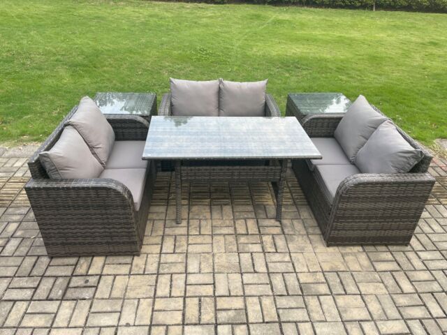 Fimous 6 Seater Outdoor Rattan Garden Furniture Set with Patio Love Sofa Rectangular Dining Table 2 Side Tables Dark Grey Mixed - image 1