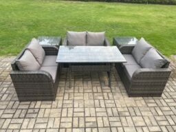 Fimous 6 Seater Outdoor Rattan Garden Furniture Set with Patio Love Sofa Rectangular Dining Table 2 Side Tables Dark Grey Mixed - thumbnail 1