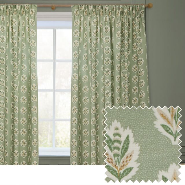 Sanderson Sessile Leaf Printed Room Darkening Pencil Pleat Curtains in Light Green - Size: 229 cm width x 183 cm drop - image 1