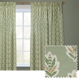 Sanderson Sessile Leaf Printed Room Darkening Pencil Pleat Curtains in Light Green - Size: 229 cm width x 183 cm drop