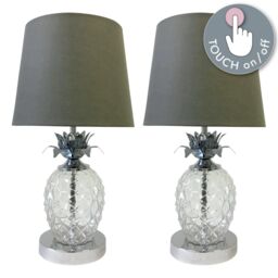 First Choice Lighting Pair of Chrome Pineapple Touch Lamps with Grey Shades in Silver - thumbnail 2