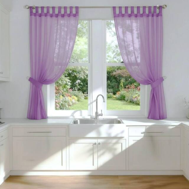 Luxury Living Voile Tab Top Curtain Pair with Crystal Tie Backs Sheer Window Panels in Lilac - Size: 145 cm width x 122 cm drop - image 1