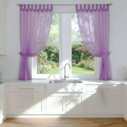 Luxury Living Voile Tab Top Curtain Pair with Crystal Tie Backs Sheer Window Panels in Lilac - Size: 145 cm width x 122 cm drop - thumbnail 1