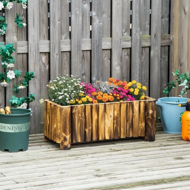 OUTSUNNY Raised Flower Bed Wooden Rectangualr Planter Container Box Wood in Natural - image 1