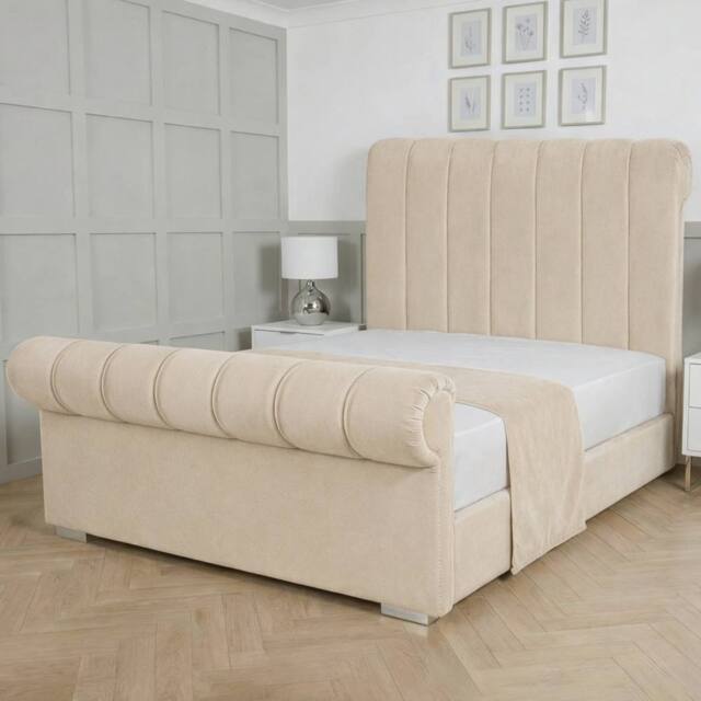 Living Comfort Bedz Orion Plush Velvet Upholstered Bed Slatted Base with 48Inch Headboard in Cream - Size: King - image 1