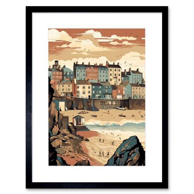 "Artery8 Wall Art Print Tenby Harbour Beach Pastel Colour Coastal Town Artwork Framed 9X7 Inch in Black - Size: W7"" x H9""" - image 1