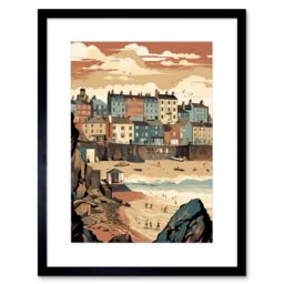 "Artery8 Wall Art Print Tenby Harbour Beach Pastel Colour Coastal Town Artwork Framed 9X7 Inch in Black - Size: W7"" x H9""" - thumbnail 1