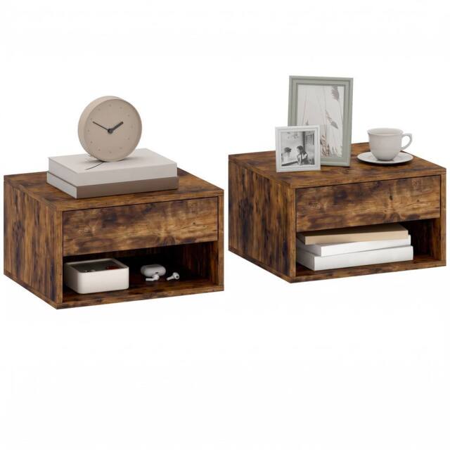 HOMCOM Floating Nightstands Set of 2, Bedside Table w/ Drawer & Open Shelf in Brown - image 1
