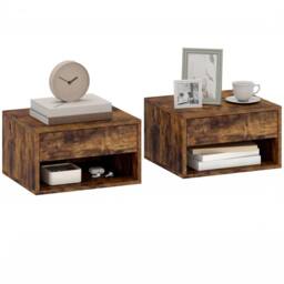 HOMCOM Floating Nightstands Set of 2, Bedside Table w/ Drawer & Open Shelf in Brown - thumbnail 1