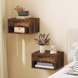 HOMCOM Floating Nightstands Set of 2, Bedside Table w/ Drawer & Open Shelf in Brown - thumbnail 2