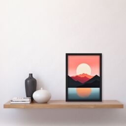 Artery8 Reflecting Sea At Sunrise Calming Minimalist Painting Orange Glow Artwork Framed Wall Art Print A4 in Black - thumbnail 4