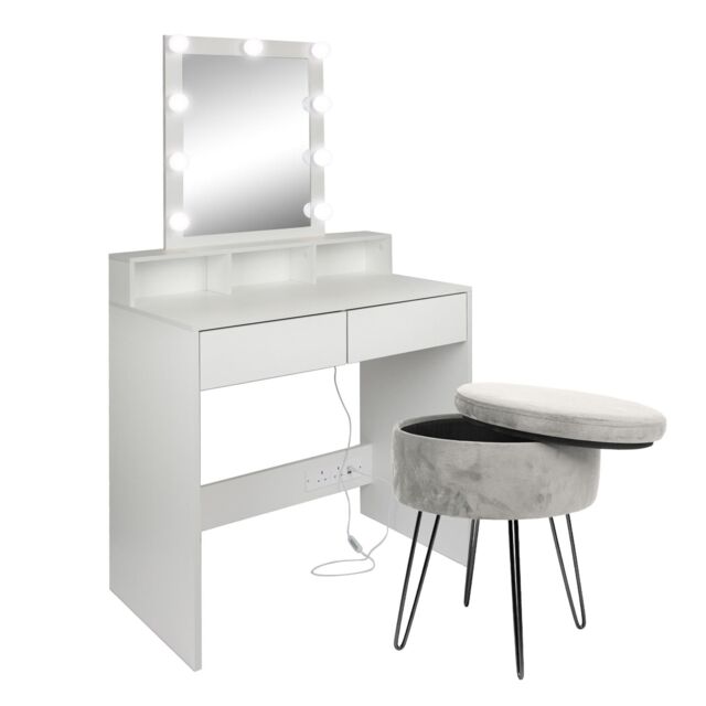 Harbour Housewares Wooden Dressing Table Set with LED Lights & Stool in Grey - image 1