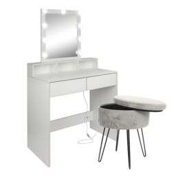 Harbour Housewares Wooden Dressing Table Set with LED Lights & Stool in Grey - thumbnail 1